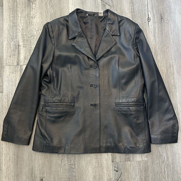 Womens Black Genuine Leather Jacket Size XL Three Buttons Pockets Massini coat - Picture 1 of 6